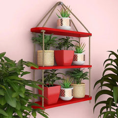 Wooden Wall Hanging Planter Shelf with Rope Three Layer (Red Color)