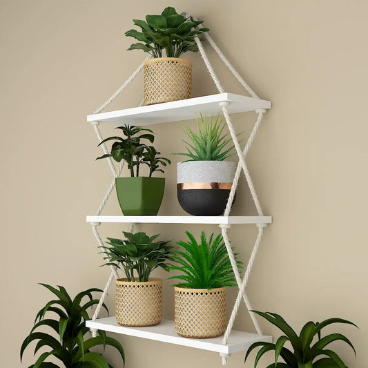 Cross Rope Wooden Wall Hanging Planter Shelf (White Color)