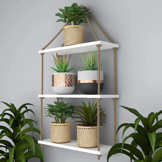 Planter Shelf Wooden Wall Hanging with Rope (White Color)