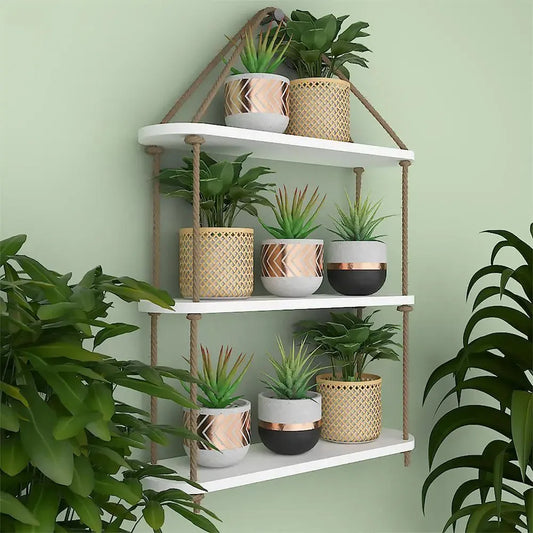 Wooden Wall Hanging Planter Shelf with Rope Three Layer (White Color)