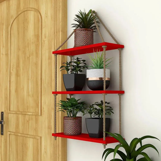 Planter Shelf Wooden Wall Hanging with Rope (Red Color)