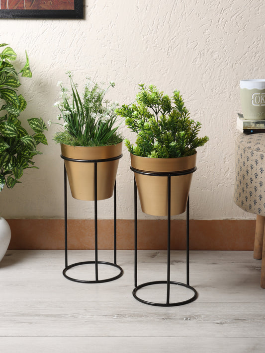 Big Pot Shape Planter with Stand Black & Gold Set of 2