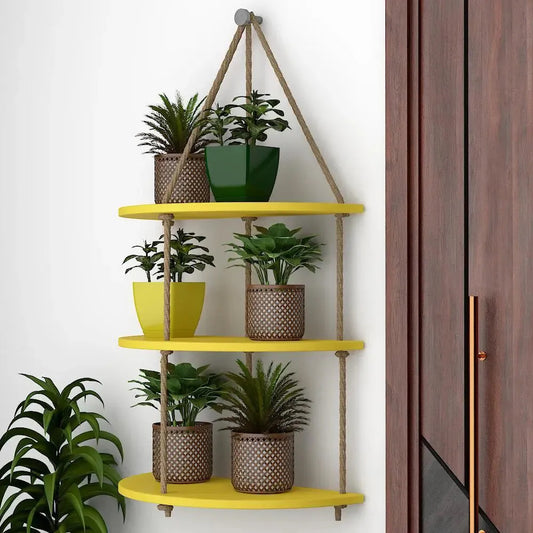 Wooden Wall Hanging Planter Shelf with Rope Three Layers(Yellow)