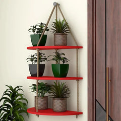 Wooden Wall Hanging Planter Shelf with Rope Three Layers(Red)