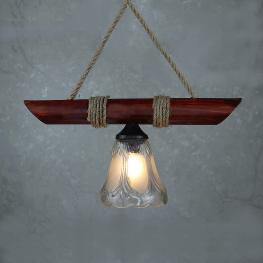 Wooden Bamboo With Glass and Rope Hanging Light