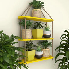 Wooden Wall Hanging Planter Shelf with Rope Three Layer (Yellow color)