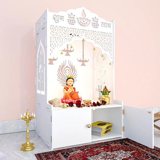 Intricate Jali Wooden Floor Temple with Spacious Shelf & Inbuilt Focus Light- White