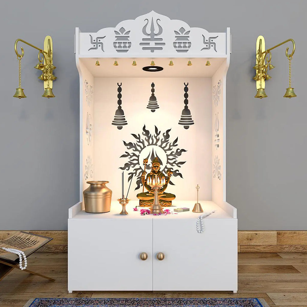 Surya Chakra MDF Wood Temple with Spacious Shelf & Inbuilt Focus Light- White