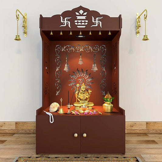 Aesthetic Brown Wooden Temple for Home with Spacious Shelf & Inbuilt Focus Light