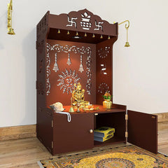 Aesthetic Brown Wooden Temple for Home with Spacious Shelf & Inbuilt Focus Light