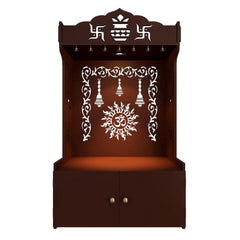 Aesthetic Brown Wooden Temple for Home with Spacious Shelf & Inbuilt Focus Light