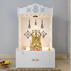 Intricate Detailed White Floor Temple with Spacious Shelf & Inbuilt Focus Light - Wooden