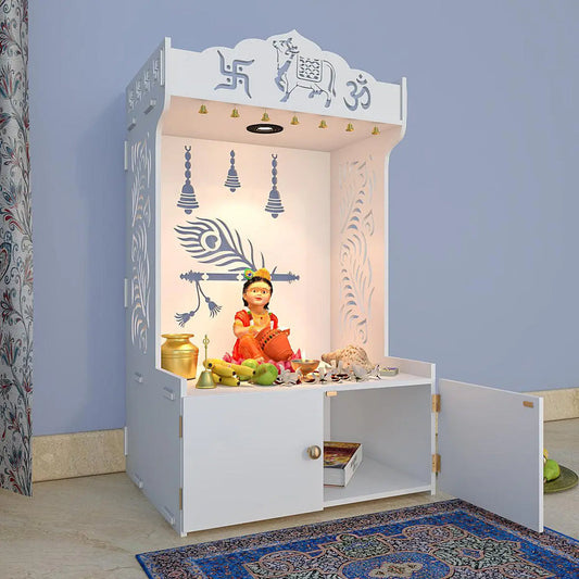 Mor Pankh Wooden Floor Temple With Spacious Shelf & Inbuilt Focus Light- White