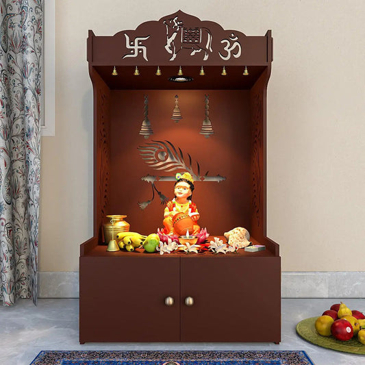 Mor Pankh Wooden Floor Temple With Spacious Shelf & Inbuilt Focus Light- Brown
