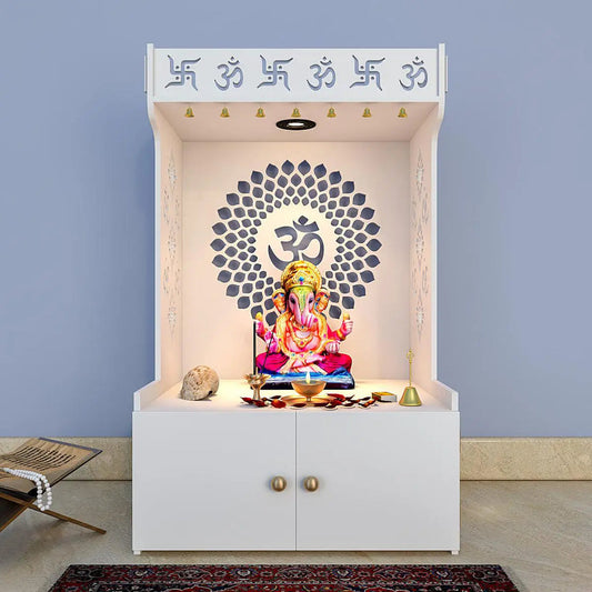 Om Chakra Floor Temple with Spacious Wooden Shelf & Inbuilt Focus Light- White Finish