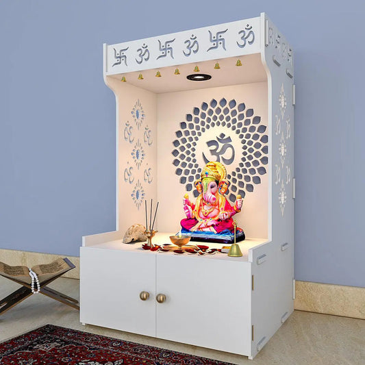 Om Chakra Floor Temple with Spacious Wooden Shelf & Inbuilt Focus Light- White Finish