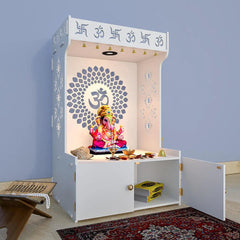 Om Chakra Floor Temple with Spacious Wooden Shelf & Inbuilt Focus Light- White Finish