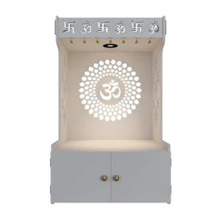 Om Chakra Floor Temple with Spacious Wooden Shelf & Inbuilt Focus Light- White Finish