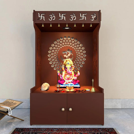 Om Chakra Floor Temple with Spacious Wooden Shelf & Inbuilt Focus Light- Brown