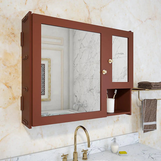 Sturdy Wooden Bathroom Storage Cabinet with Mirrors & 5 Spacious Shelves- Solid Brown