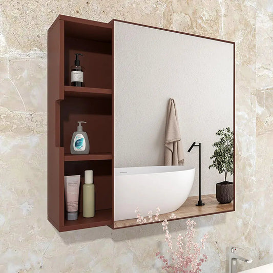 Chic Wooden Bathroom Cabinet with 3 Open Shelves- Solid Brown