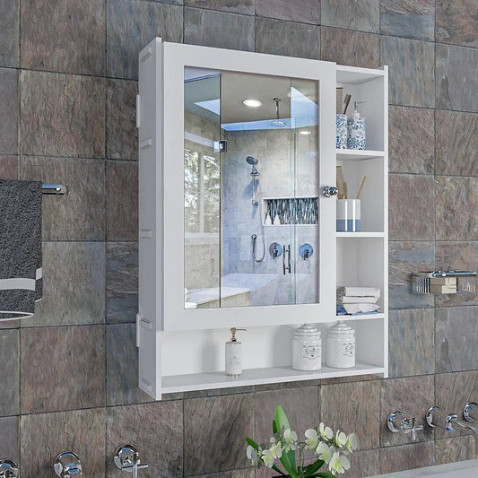 Spacious Wooden Bathroom Mirror Cabinet with 6 Shelves - White