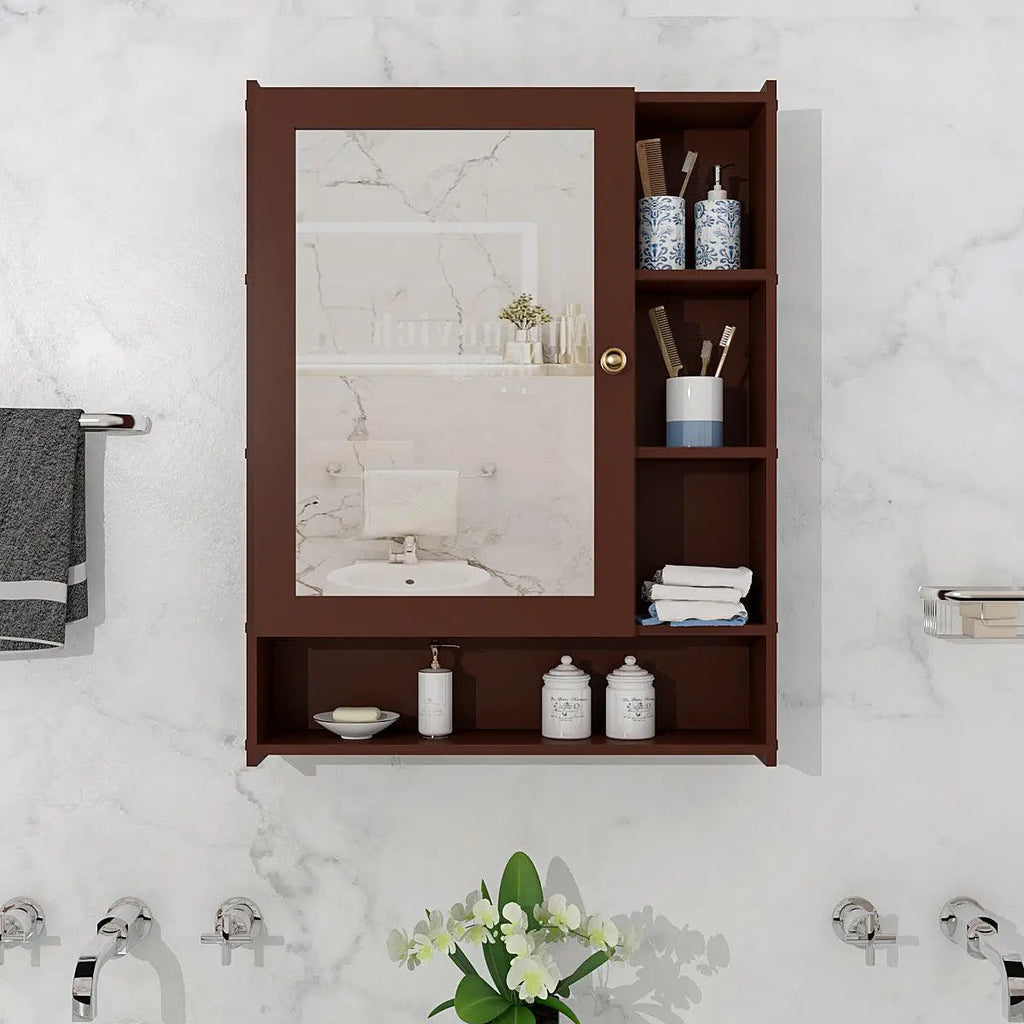 Spacious Wooden Bathroom Mirror Cabinet With 6 Shelves Brown Dekorspace