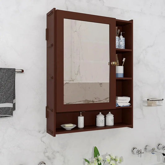 Spacious Wooden Bathroom Mirror Cabinet with 6 Shelves - Brown