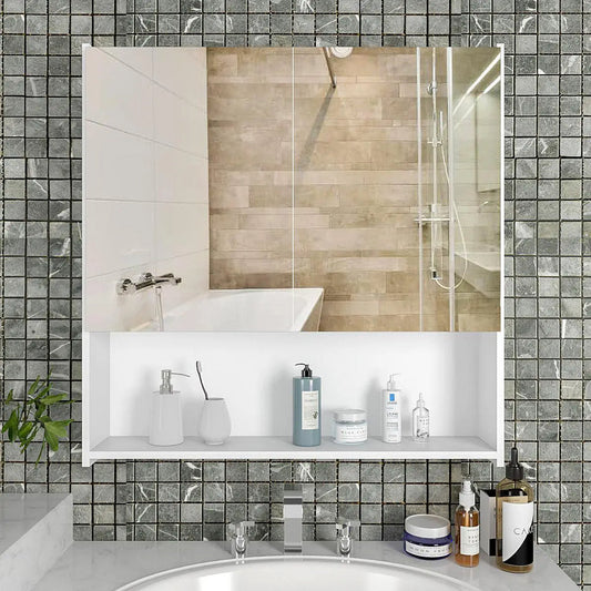 Premium Wooden White Bathroom Cabinet with Mirror & 4 Spacious Shelves