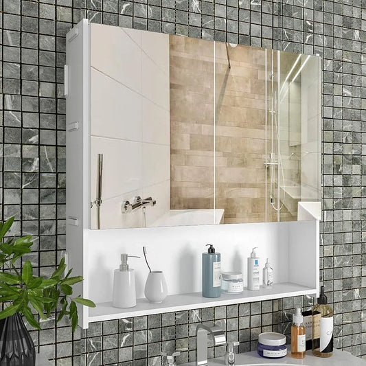 Premium Wooden White Bathroom Cabinet with Mirror & 4 Spacious Shelves
