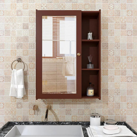 Solid Brown Wooden Bathroom Mirror Cabinet with 5 Spacious Shelves