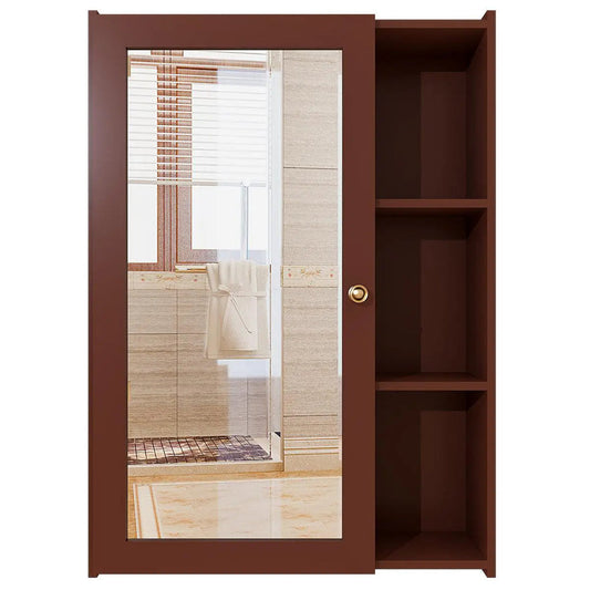 Solid Brown Wooden Bathroom Mirror Cabinet with 5 Spacious Shelves