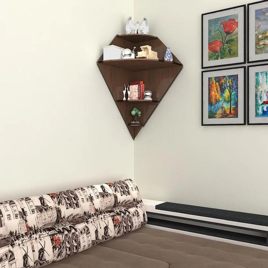 Diamond Shape Wood Corner Wall Shelf / Book Shelf, Walnut Finish