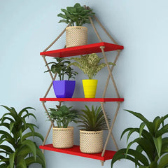 Cross Rope Wooden Wall Hanging Planter Shelf (Red Color)