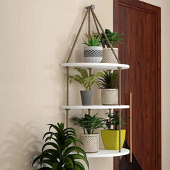 Wooden Wall Hanging Planter Shelf with Rope Three Layers(White)