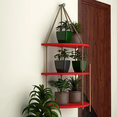 Wooden Wall Hanging Planter Shelf with Rope Three Layers(Red)