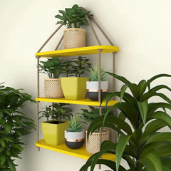 Wooden Wall Hanging Planter Shelf with Rope Three Layer (Yellow color)