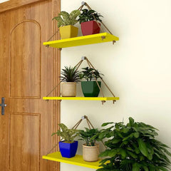 Wooden Wall Hanging Planter Shelf with Rope (Yellow, Set of 3)