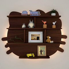 Cat Shape Backlit Wood Wall Shelf / Book Shelf / Night Light, Walnut Finish