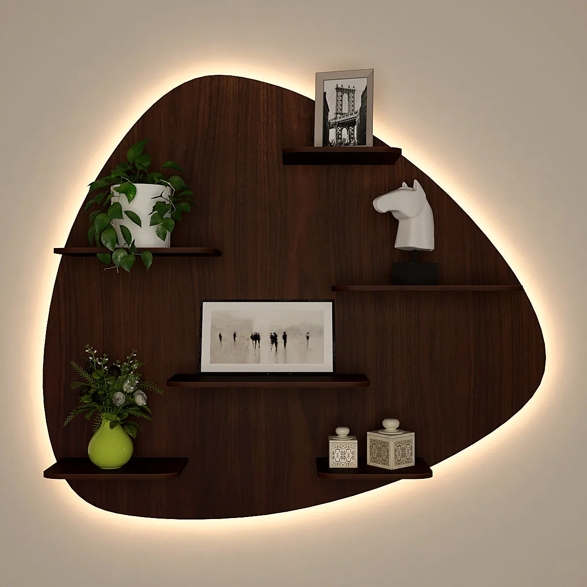 Abstract Shape Backlit Wood Wall Shelf / Book Shelf / Night Light, Walnut Finish