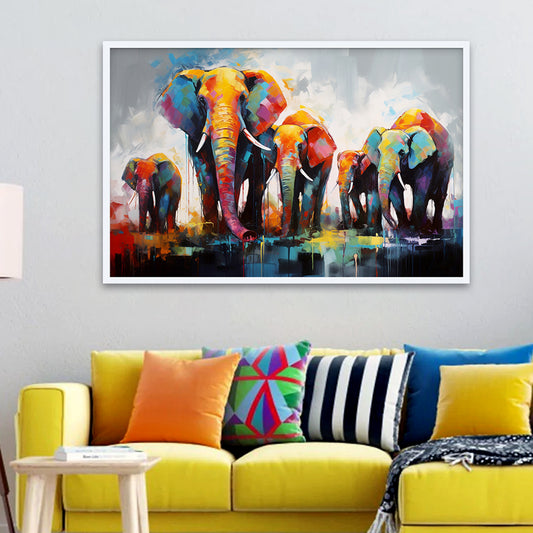 Herd of Elephants Family Colorful Canvas Printed Wall Paintings & Arts