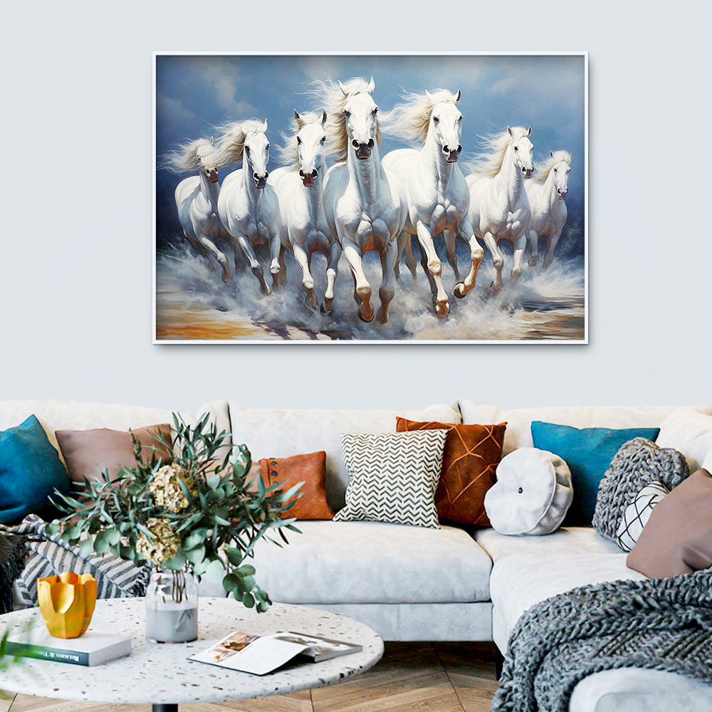 Beautiful Seven Running White Horses Canvas Wall Painting