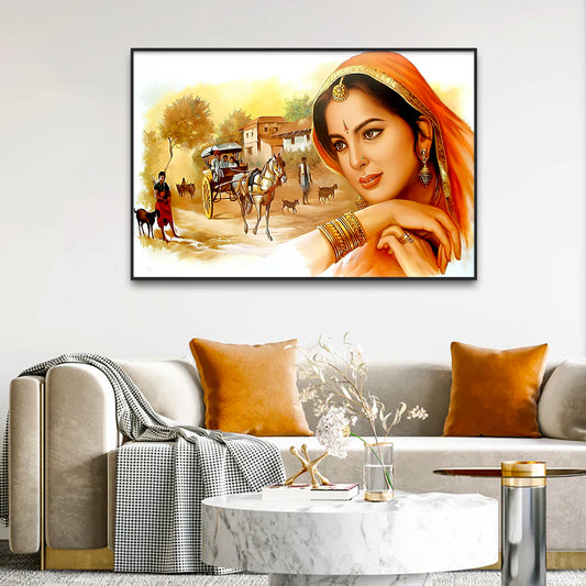 Modern Art Canvas Rajasthani Village Wall Paintings with Frame for Home Decoration
