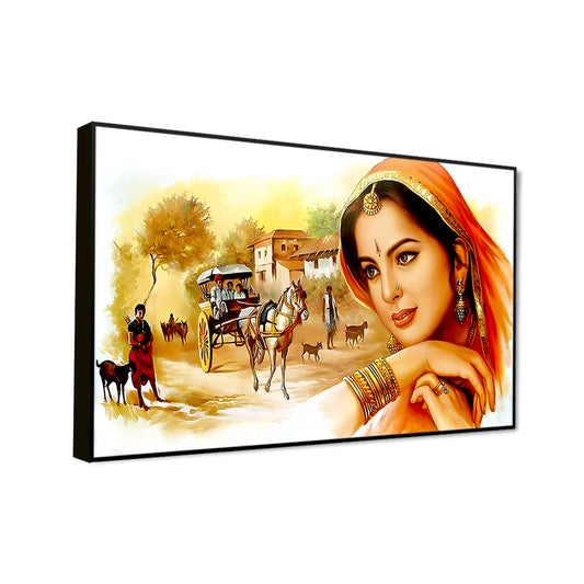 Modern Art Canvas Rajasthani Village Wall Paintings with Frame for Home Decoration