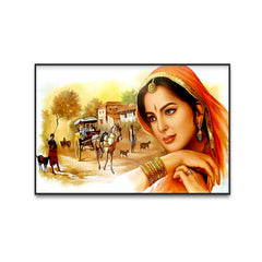 Modern Art Canvas Rajasthani Village Wall Paintings with Frame for Home Decoration