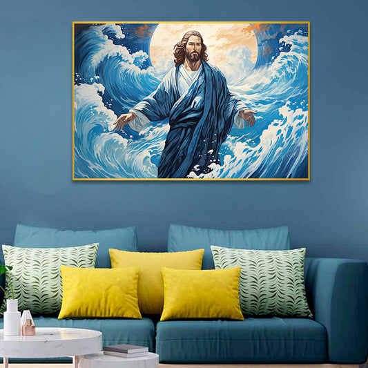 Creative Jesus Christ And The Big Wave Walk On The Canvas Wall Painting In Japanese Art Style