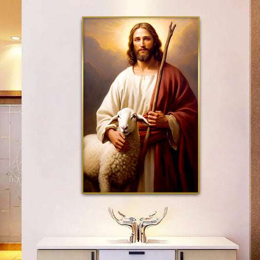 Jesus Christ Carrying a Lamb Autumn Leave Canvas Wall Paintings