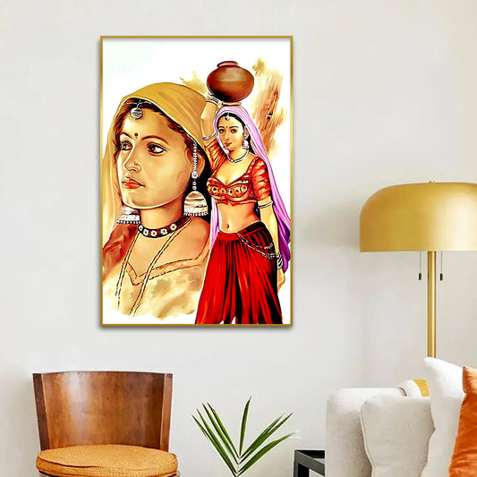 Beautiful Rajasthani Village Women With Pot Canvas Printed Wall Paintings & Arts