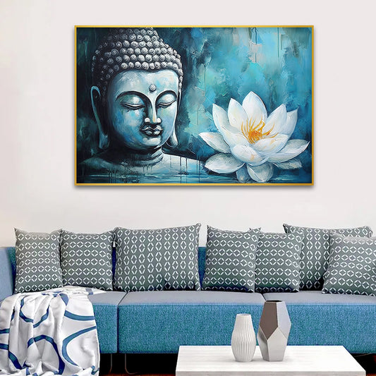 Buddha statue with a white flower Canvas Wall Paintings