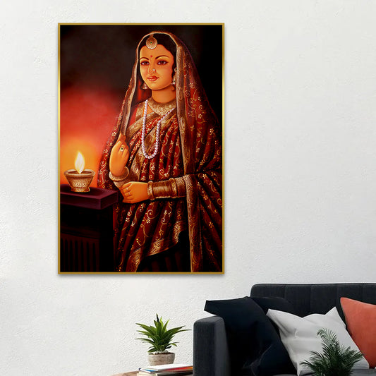 Beautiful Rajasthani Lady with Lamp Canvas Printed Wall Paintings & Arts